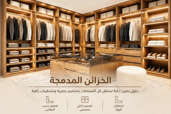 الخزائن المدمجة بتصميم عصري مع إضاءة داخلية وتقسيمات مخصصة لاستغلال المساحات.