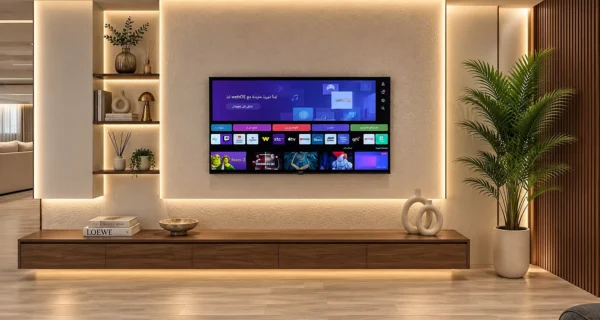 وحدة تلفزيون عائمة بتصميم مودرن مع رفوف جانبية مضاءة وإضاءة LED مخفية وخلفية جدارية أنيقة.