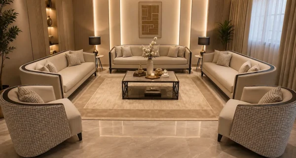 طقم كنب مودرن فاخر باللون البيج مع كراسي منفصلة وطاولة وسط داخل مجلس بتصميم داخلي عصري وإضاءة هادئة.
