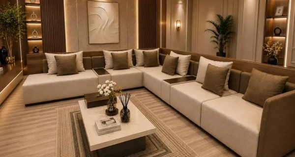 كنب مجلس مودرن فاخر بتصميم حرف L مع طاولة وسط رخامية وديكور داخلي عصري بإضاءة دافئة.