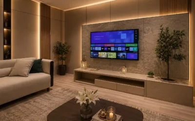 خلفية تلفزيون مودرن بتشطيب رخامي مع وحدة سفلية وإضاءة LED مخفية وتصميم فاخر لغرفة المعيشة.
